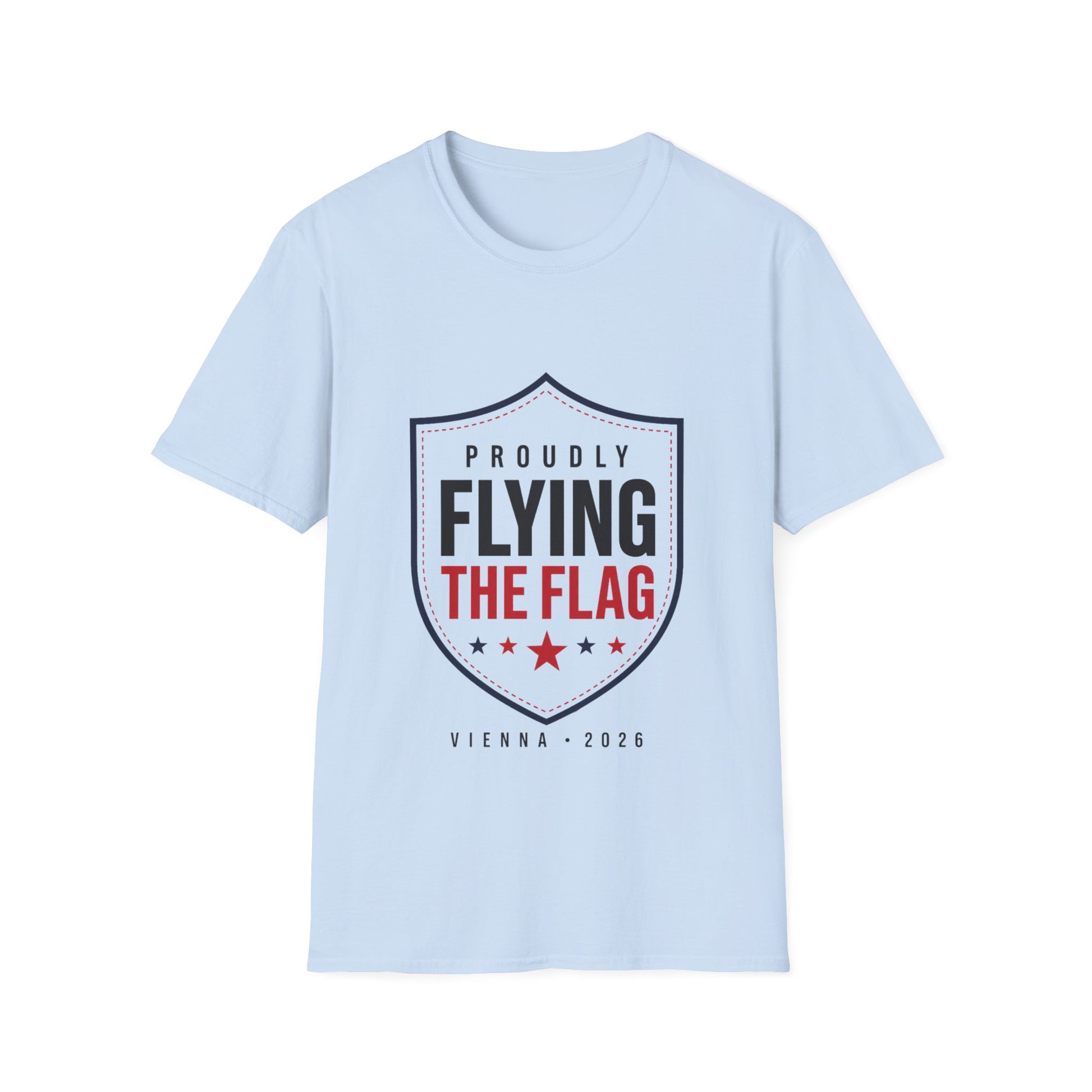 Proudly Flying the Flag T-Shirt — Patriotic Shield Graphic, Vienna 2026
