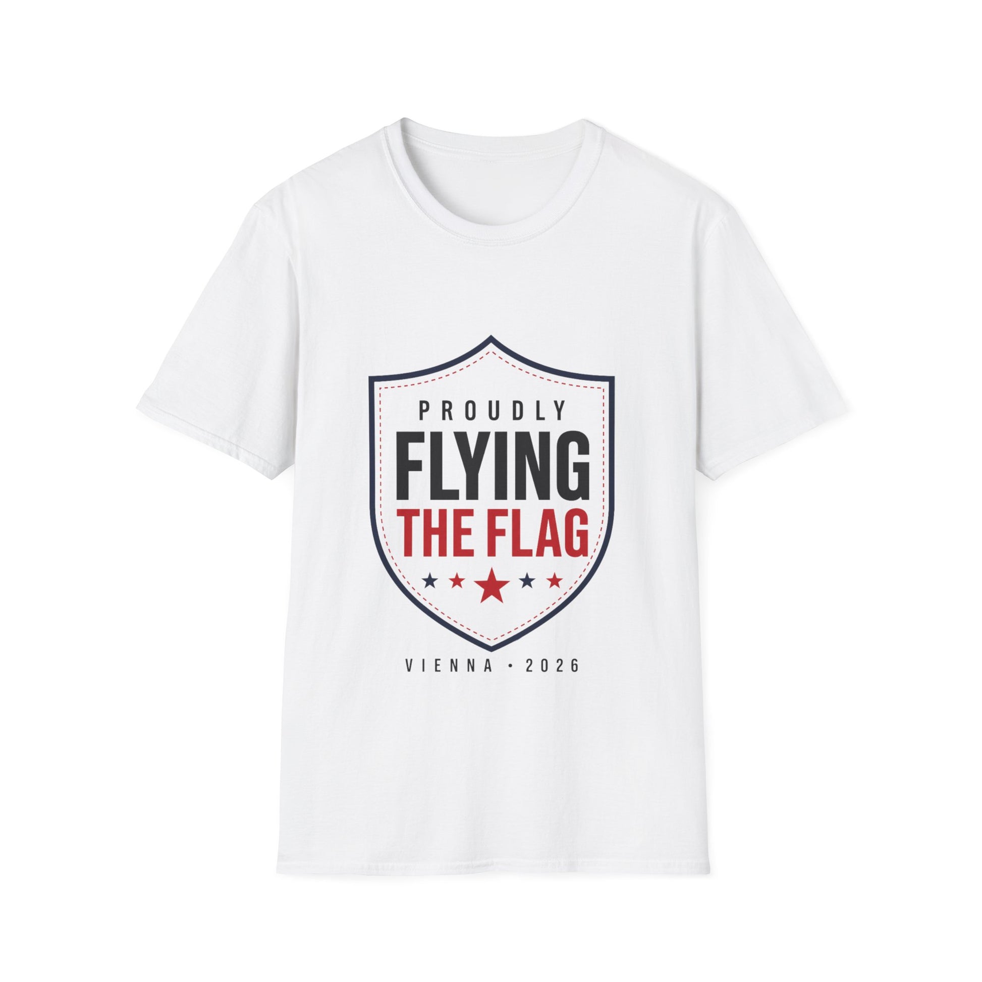 Proudly Flying the Flag T-Shirt — Patriotic Shield Graphic, Vienna 2026