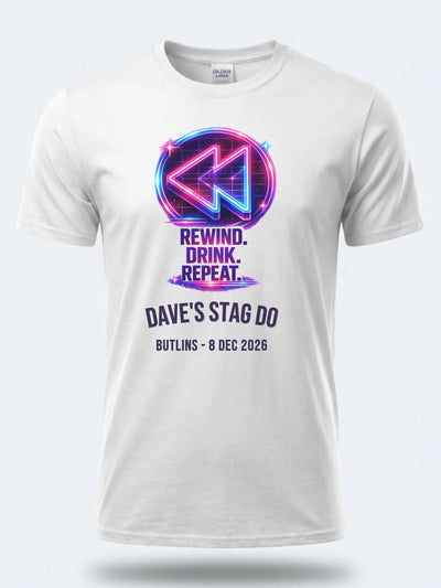 Personalised Ultimate 80s Big Weekender Tee – Rewind Drink Repeat