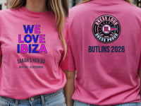 Personalised We Love Ibiza Big Weekender Tee — azalea tee, front and back view
