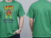 Personalised House of Garage Tee — irish green tee, front and back view