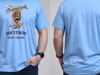 Personalised House of Garage Tee — carolina blue tee, front and back view