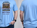 Personalised House of Garage Tee — carolina blue tee, front and back view