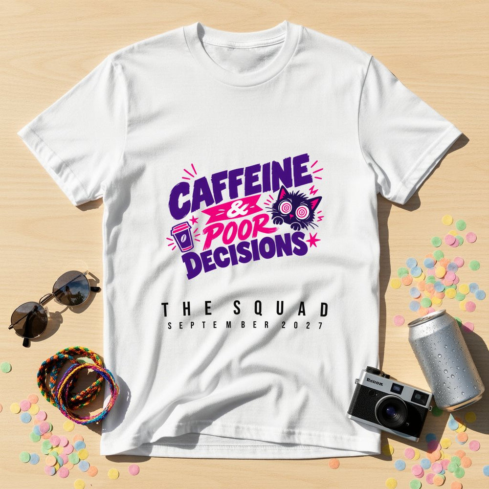 Caffeine & Poor Decisions Cat — Personalised T-Shirt