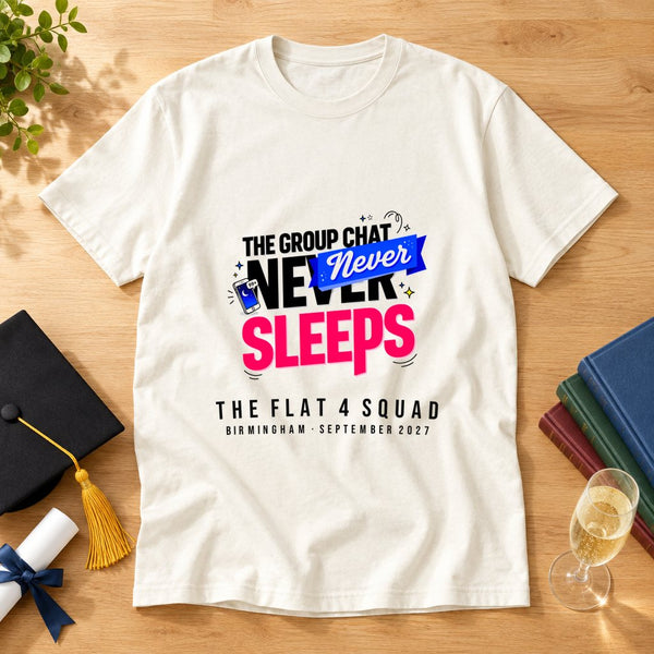The Group Chat Never Sleeps — Personalised Freshers T-Shirt